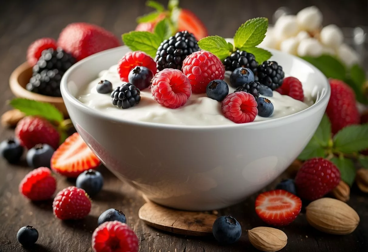 A bowl of Greek yogurt surrounded by fresh berries and nuts, with a list of "10 best foods for insulin resistance" in the background