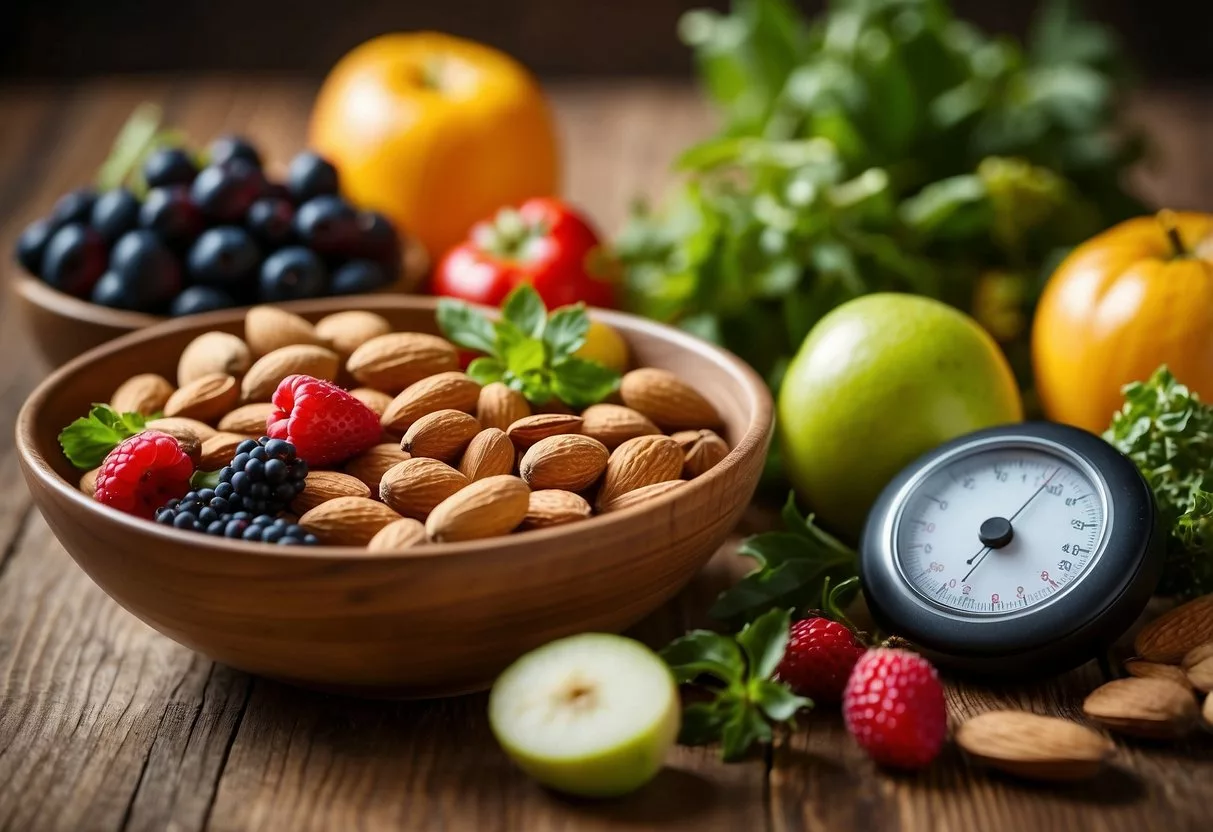 A bowl of almonds surrounded by colorful fruits and vegetables on a wooden table. A measuring tape and a blood sugar monitor are placed next to the bowl