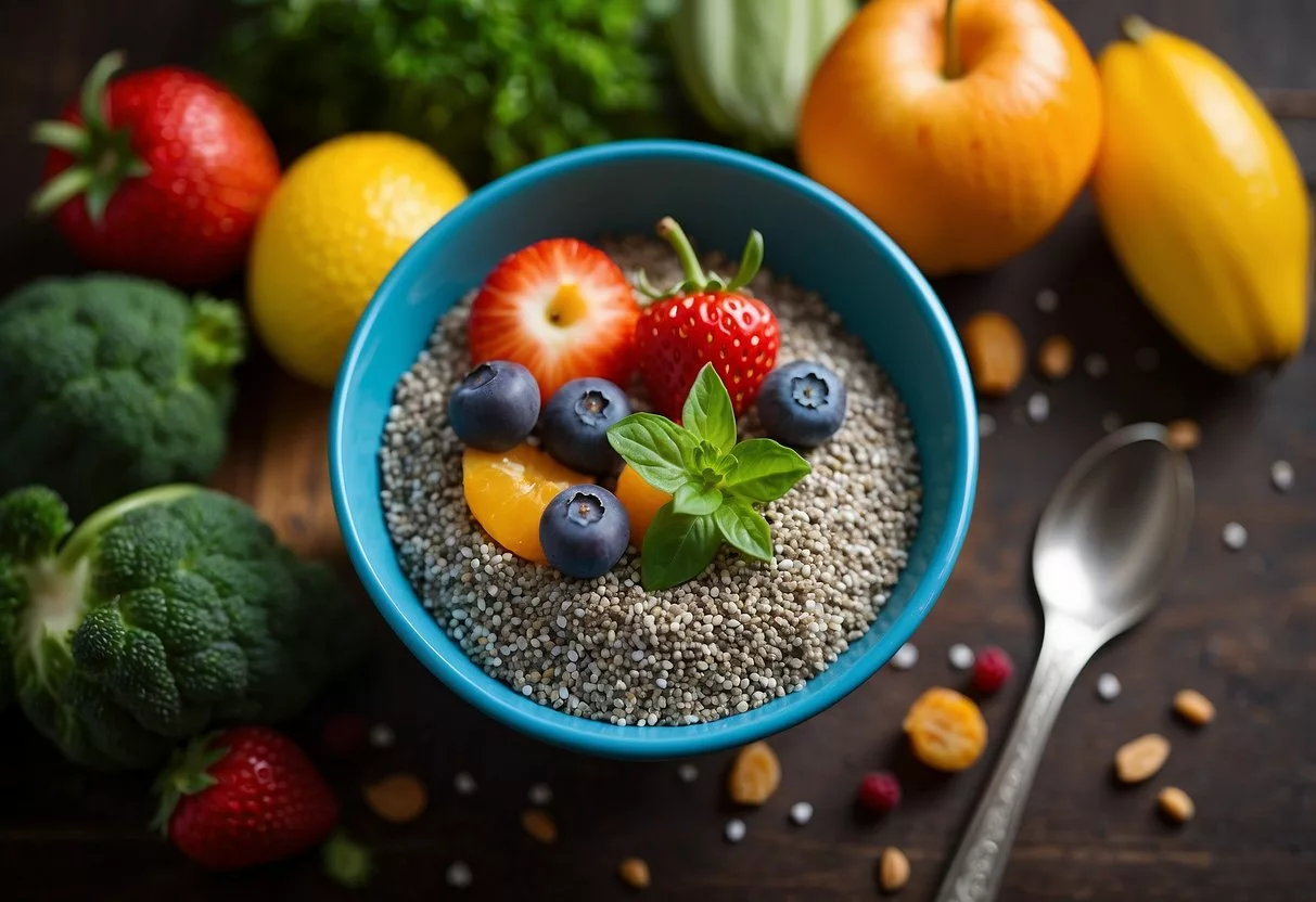 A bowl of chia seeds surrounded by colorful fruits and vegetables, with a sign reading "10 best foods for insulin resistance" in bold letters