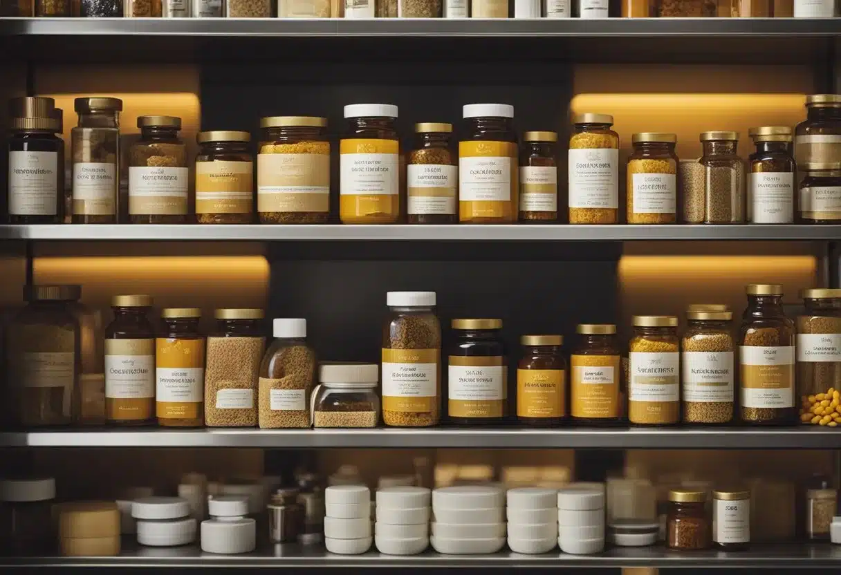 A medicine cabinet with turmeric prominently displayed, surrounded by bottles and jars of supplements and vitamins