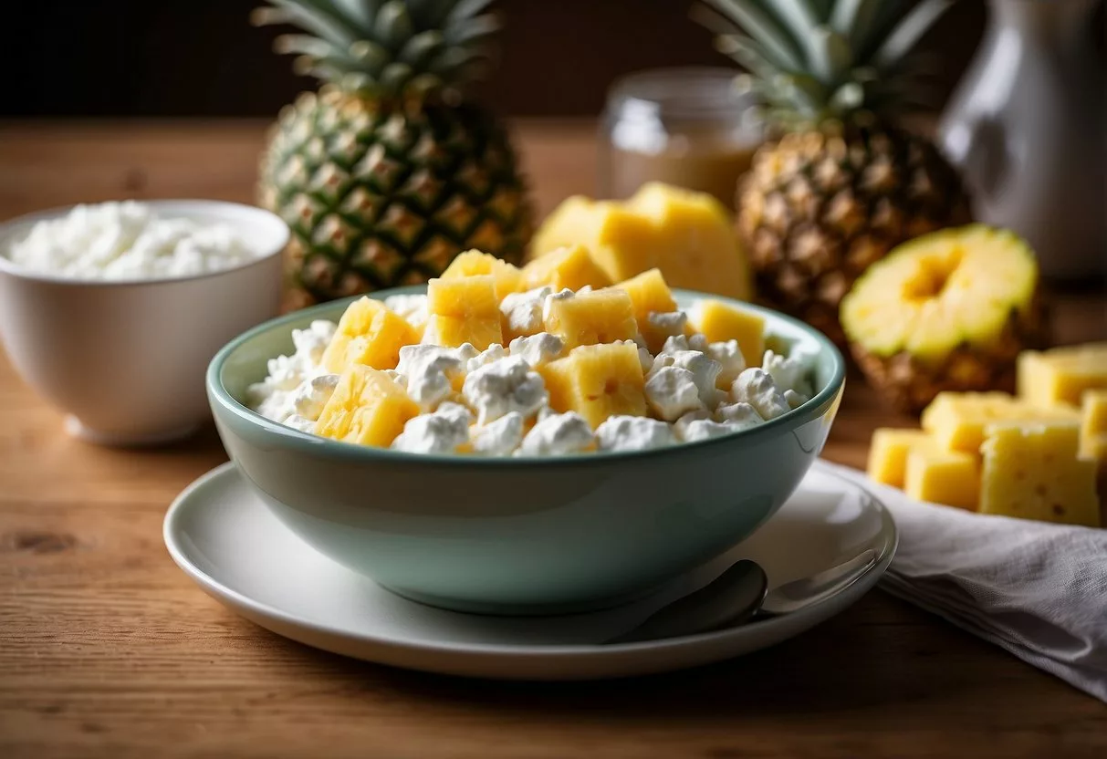 A bowl of cottage cheese topped with pineapple chunks sits on a wooden table, surrounded by a stack of recipe books titled "15 Breakfast Recipes for Insulin Resistance."