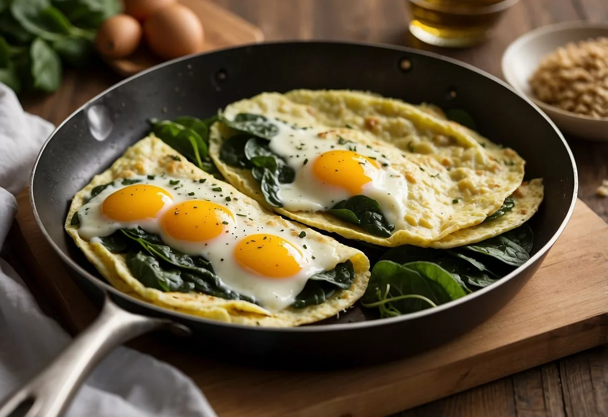 An egg-white omelet with spinach sizzling in a non-stick pan. A stack of recipe cards titled "15 breakfast recipes for people with insulin resistance" nearby