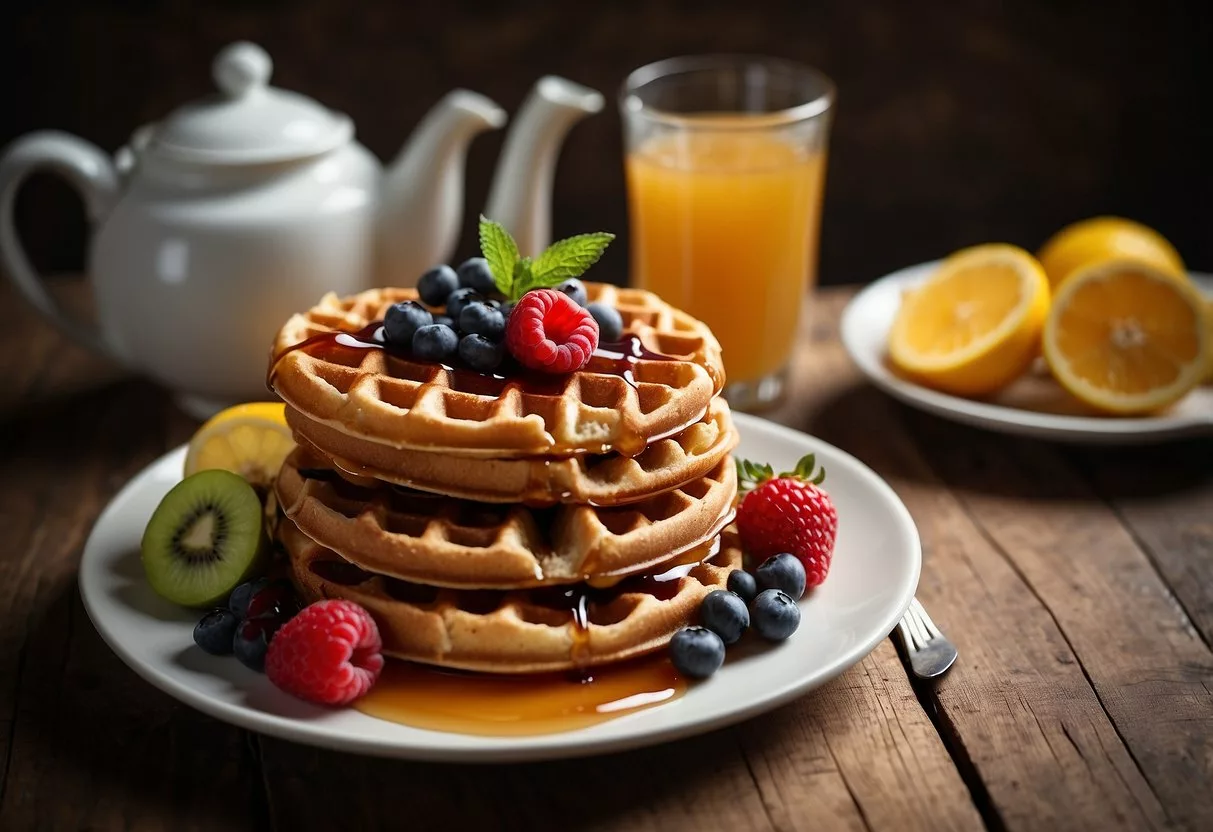 A plate of whole-grain waffles topped with sugar-free syrup sits on a rustic wooden table, surrounded by a spread of fresh fruits and a steaming cup of coffee