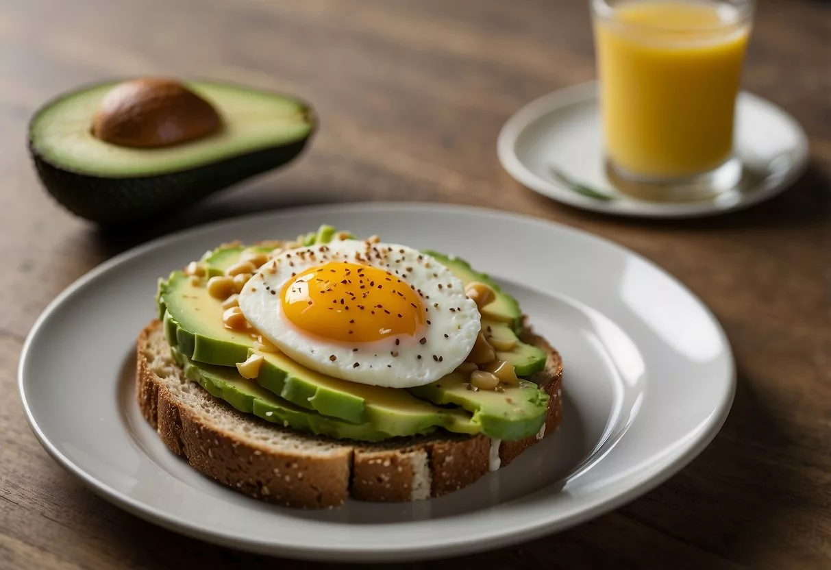 A plate holds avocado toast on whole grain bread. A book titled "15 Breakfast Recipes for People with Insulin Resistance" sits nearby