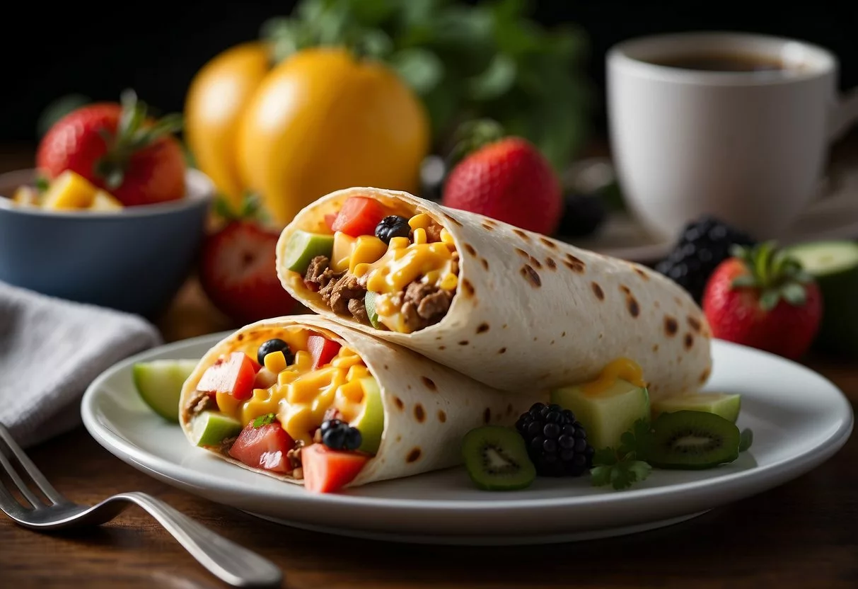 A breakfast burrito filled with veggies and cheese sits on a plate, surrounded by colorful fruits and a cup of coffee