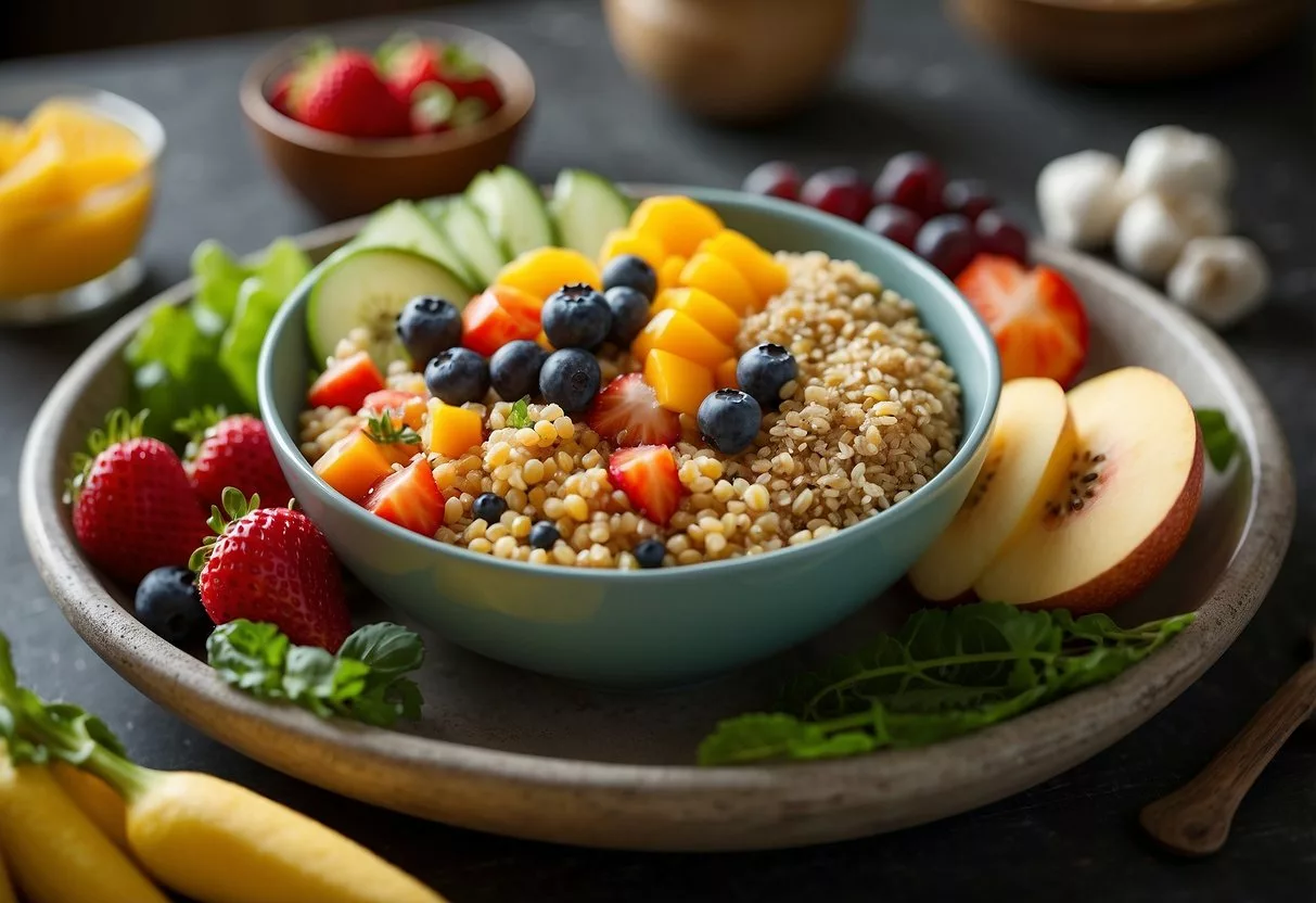 A colorful quinoa breakfast bowl surrounded by fresh vegetables and fruits