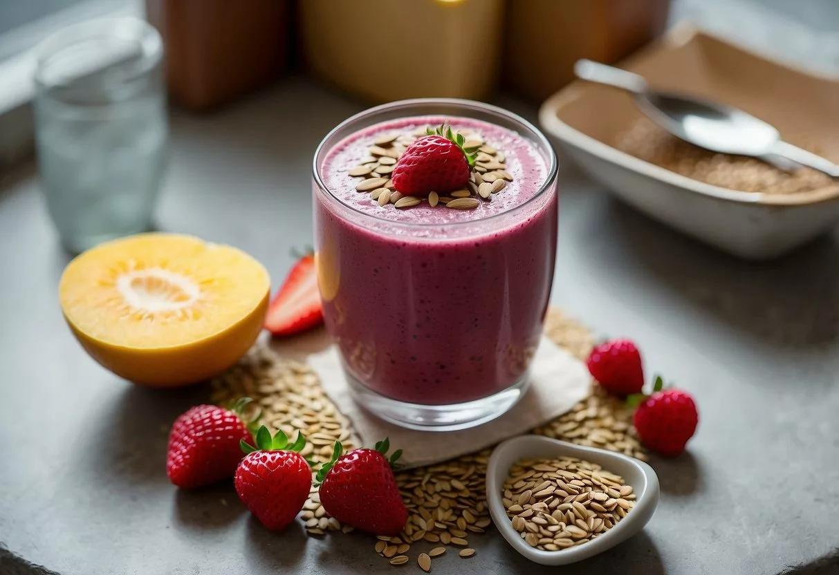 A glass of berry smoothie topped with flaxseeds sits on a breakfast table surrounded by 15 recipe cards for people with insulin resistance