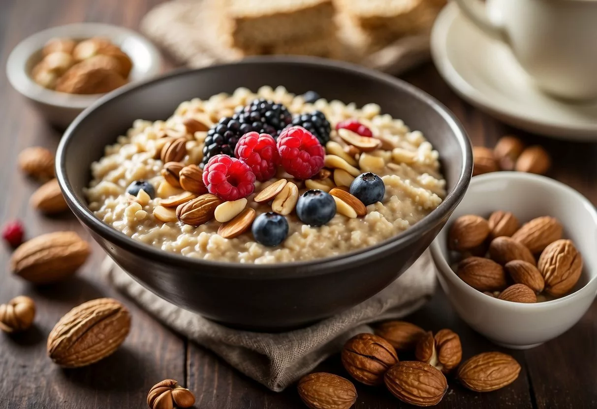 A bowl of oatmeal topped with nuts and berries, surrounded by a collection of recipe cards titled "15 breakfast recipes for people with insulin resistance."