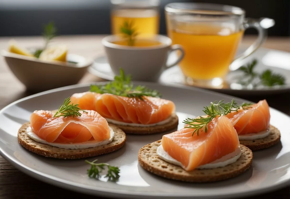 Smoked salmon on rye crackers arranged on a plate with a side of fresh fruit and a cup of tea