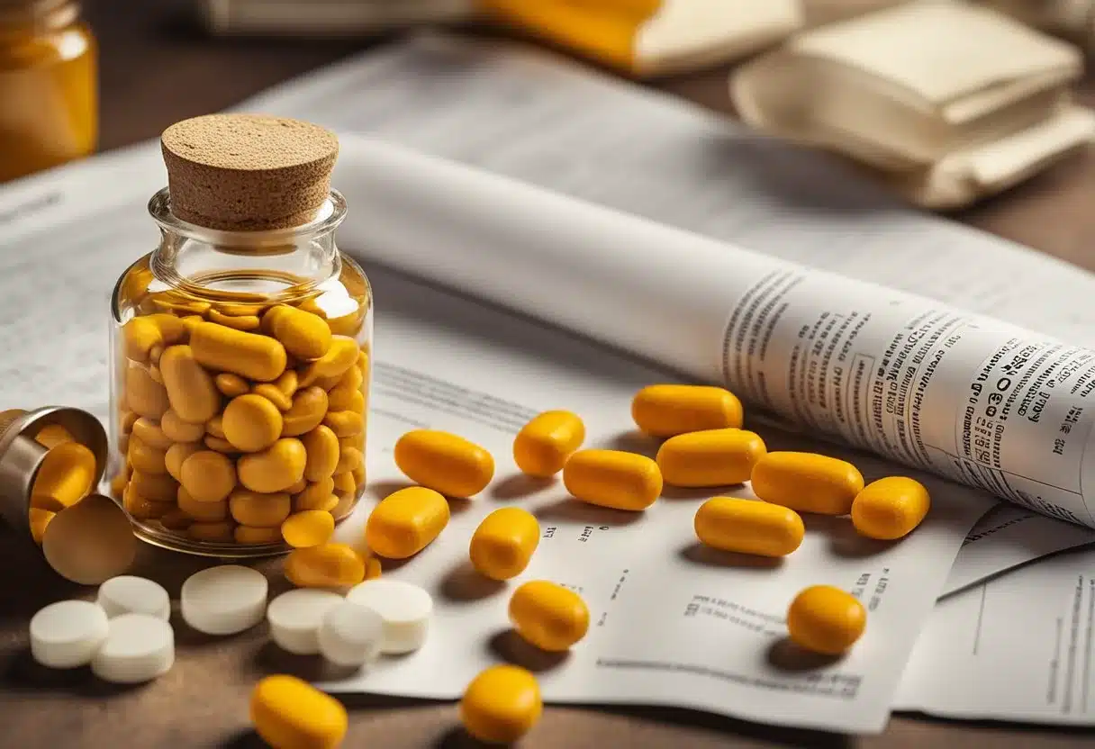 A bottle of turmeric pills surrounded by research papers, test tubes, and a clinical trial report