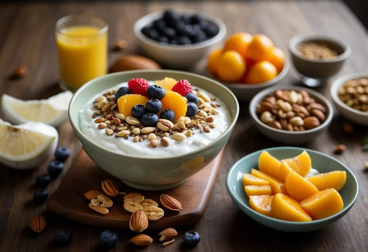 A bowl of Greek yogurt topped with chia seeds, surrounded by a variety of colorful fruits and nuts. A stack of recipe cards titled "15 Breakfast Recipes for People with Insulin Resistance" sits next to the bowl