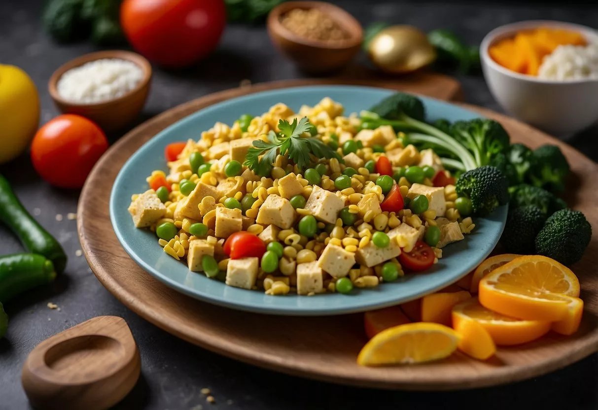 A colorful plate of scrambled tofu and mixed vegetables, surrounded by a variety of breakfast ingredients