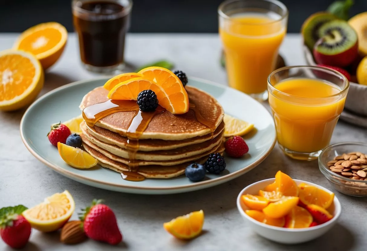 A plate of whole grain pancakes topped with almond butter, surrounded by a variety of colorful fruits and a glass of freshly squeezed orange juice