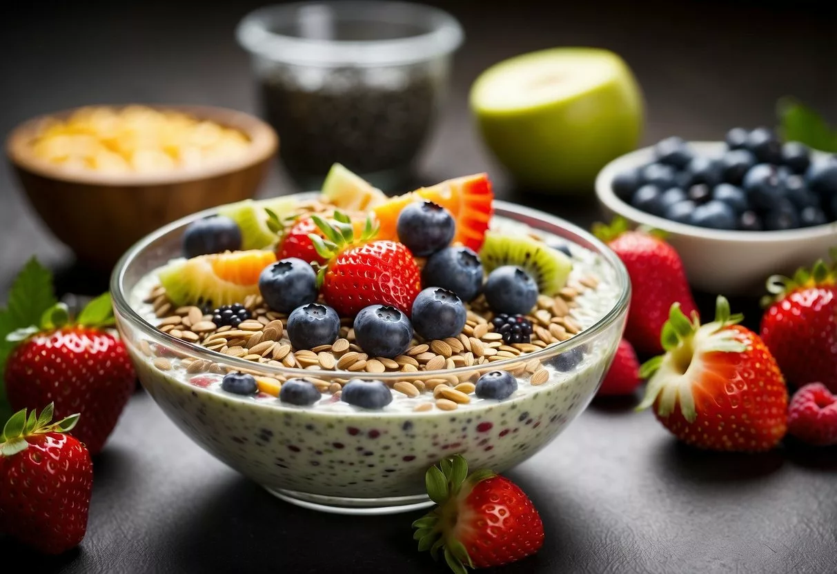 A glass bowl filled with chia pudding topped with a colorful assortment of mixed fruits, including strawberries, blueberries, and kiwi. A stack of recipe books titled "15 Breakfast Recipes for People with Insulin Resistance" sits nearby