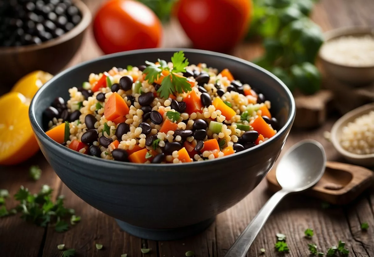 A colorful bowl filled with quinoa, black beans, and fresh vegetables, set on a wooden table with a fork beside it