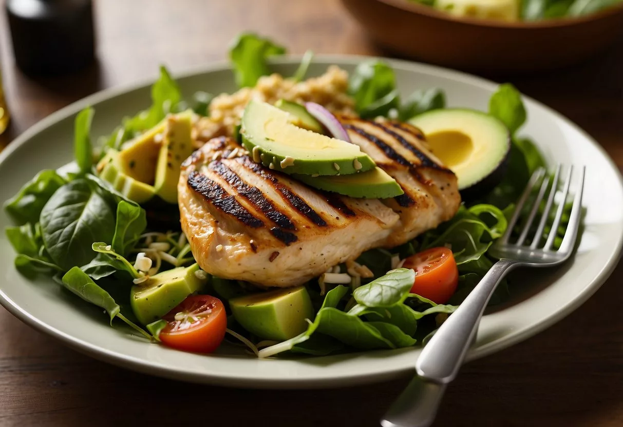 A colorful plate with grilled chicken, avocado, and fresh greens. A fork and knife sit beside the salad. The background shows a bright and inviting kitchen setting