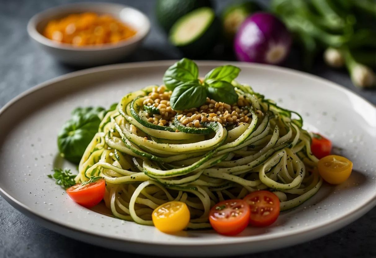 A plate of zucchini noodles topped with pesto sauce, surrounded by vibrant vegetables and herbs. A fork rests on the side