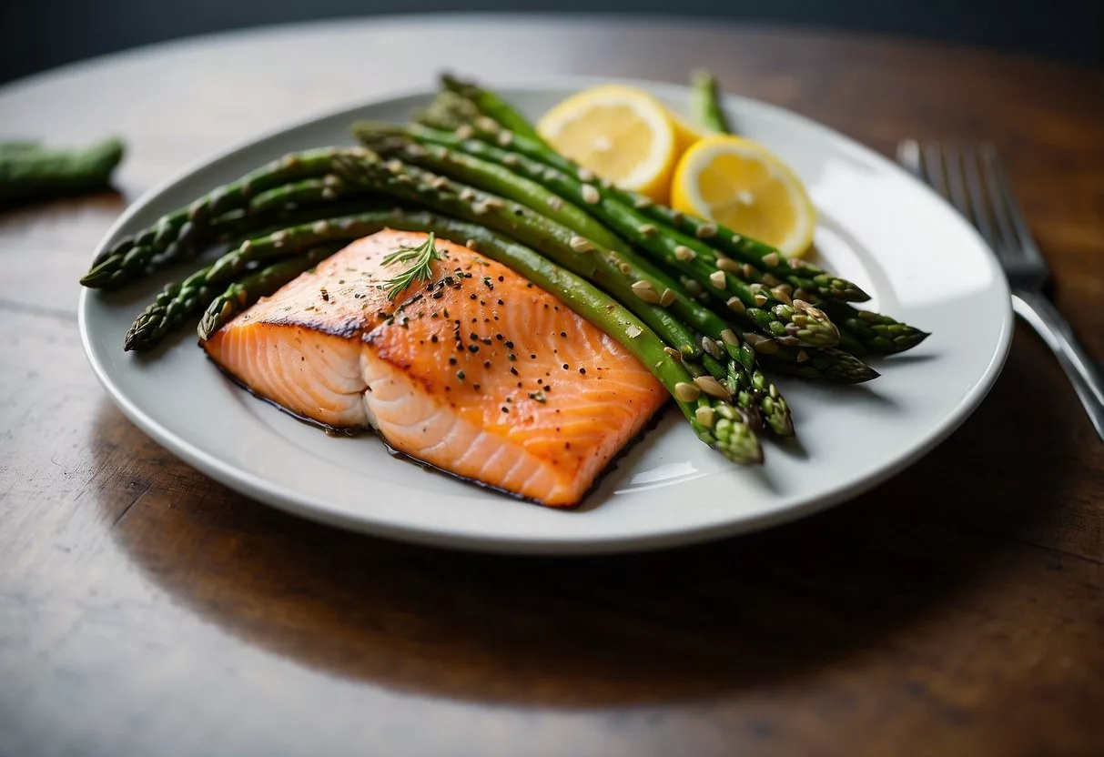 A plate of baked salmon and asparagus, with a side of steamed vegetables. Bright, vibrant colors and a balanced composition