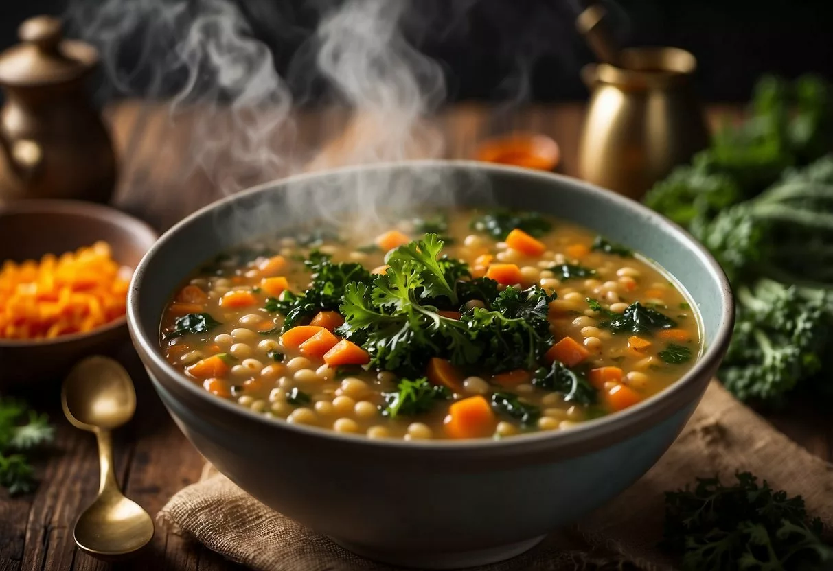 A steaming bowl of lentil soup with kale sits on a rustic wooden table, surrounded by fresh ingredients and a spoon. The vibrant colors and inviting steam evoke a sense of warmth and nourishment