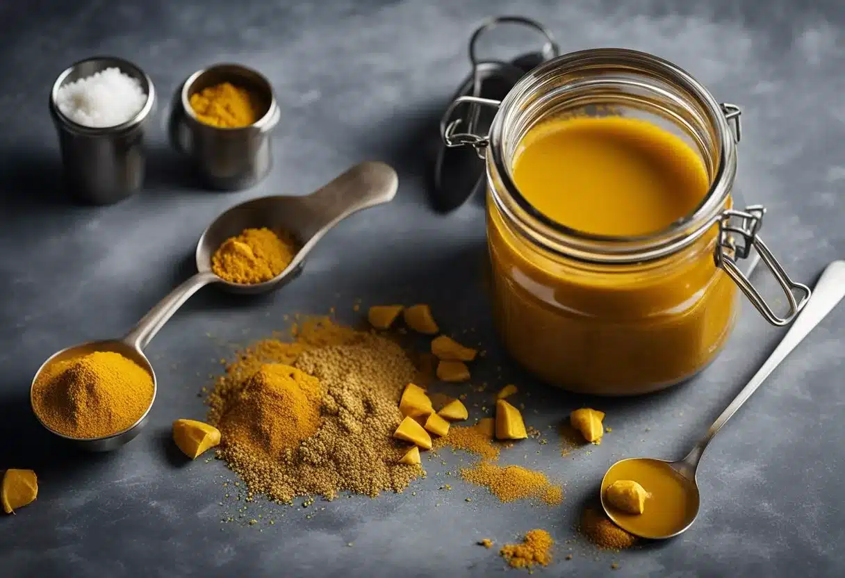 A jar of turmeric spills onto a countertop, with a spoonful being added to a steaming pot of curry. Ingredients surround the scene