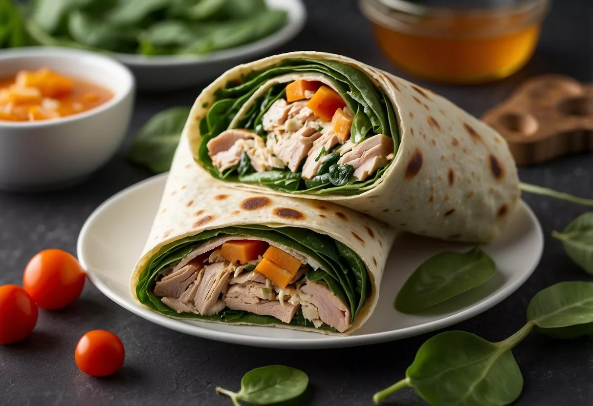 A colorful turkey and spinach wrap surrounded by fresh ingredients on a clean, white plate