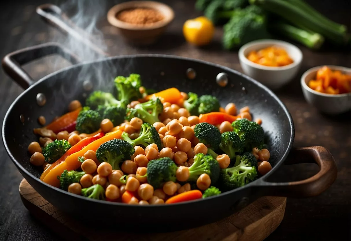 A colorful array of chickpeas, broccoli, bell peppers, and carrots sizzling in a wok, emitting delicious aromas. A cookbook titled "15 Lunch Recipes for People with Insulin Resistance" sits open nearby