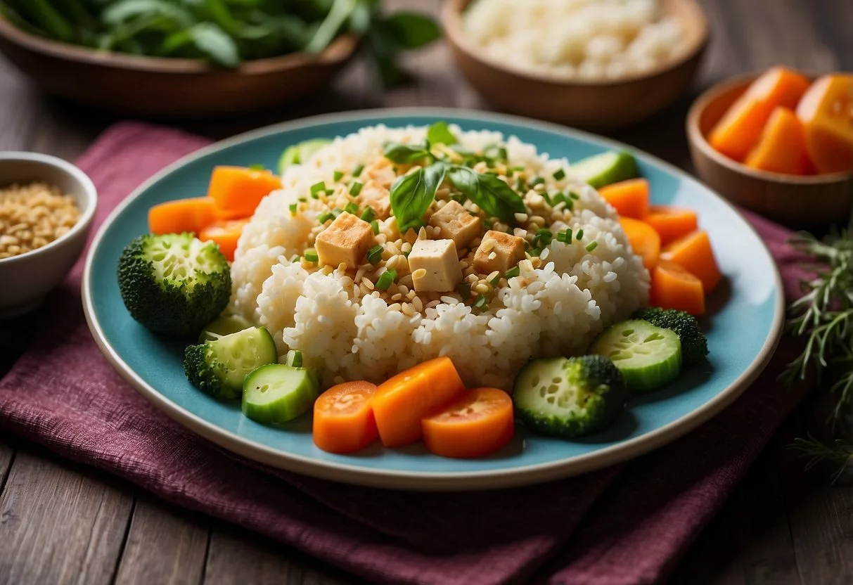 A colorful plate of cauliflower rice and tofu, surrounded by vibrant vegetables and herbs, with a cookbook titled "15 Lunch Recipes for People with Insulin Resistance" open nearby