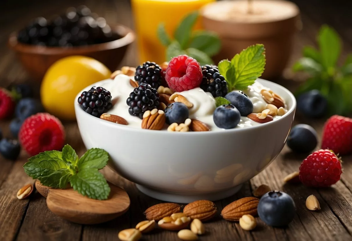 A bowl of Greek yogurt topped with fresh berries and nuts sits on a wooden table, surrounded by a variety of colorful fruits and ingredients