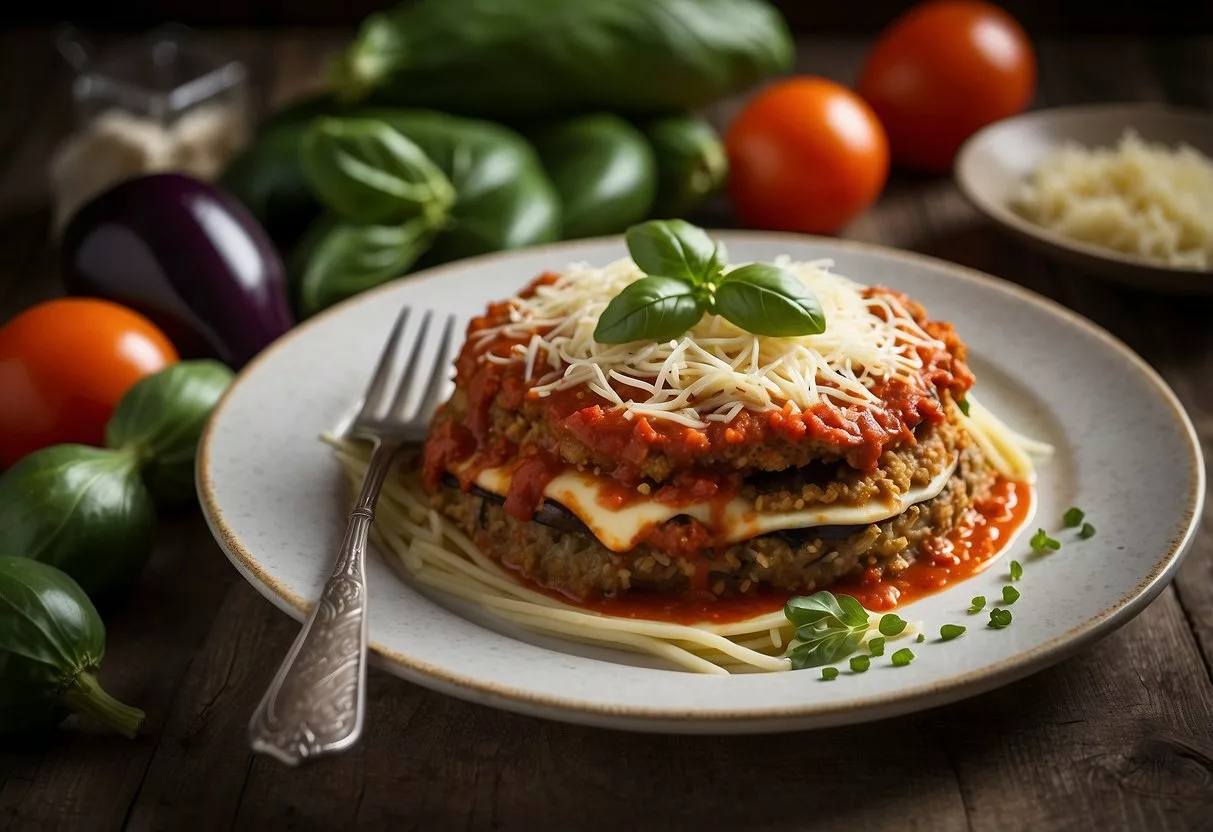 A plate of eggplant parmesan surrounded by fresh ingredients and a cookbook titled "15 Lunch Recipes for Insulin Resistance."