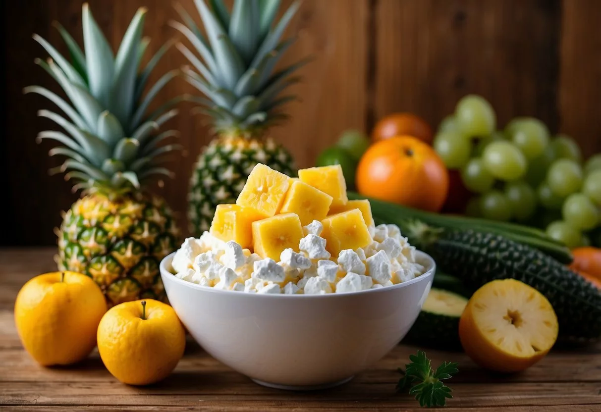 A bowl of cottage cheese topped with pineapple chunks sits on a wooden table, surrounded by a variety of colorful fruits and vegetables