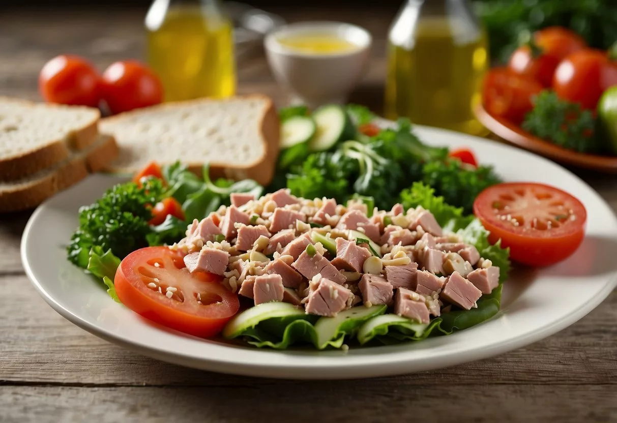 A colorful plate with tuna salad drizzled with olive oil dressing, surrounded by fresh vegetables and a slice of whole grain bread