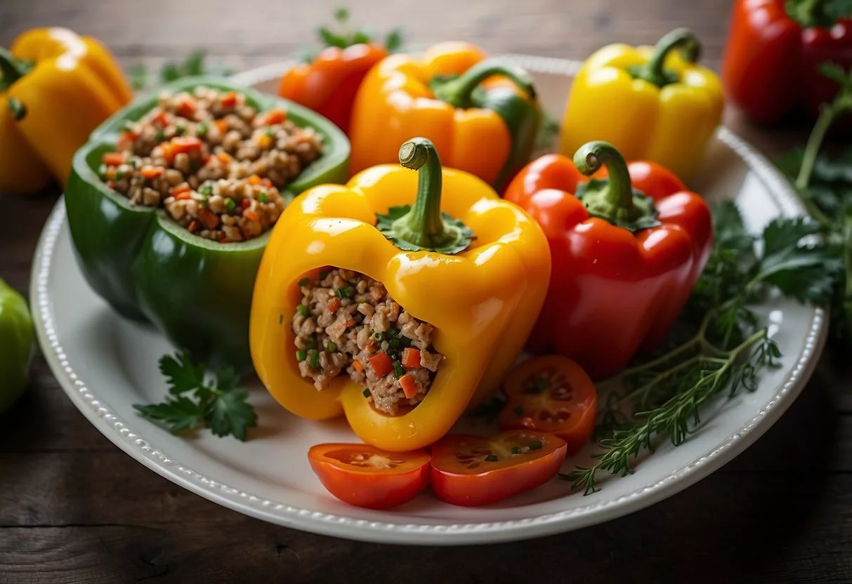 A colorful array of bell peppers stuffed with seasoned ground turkey, arranged on a serving platter alongside a variety of fresh vegetables and herbs