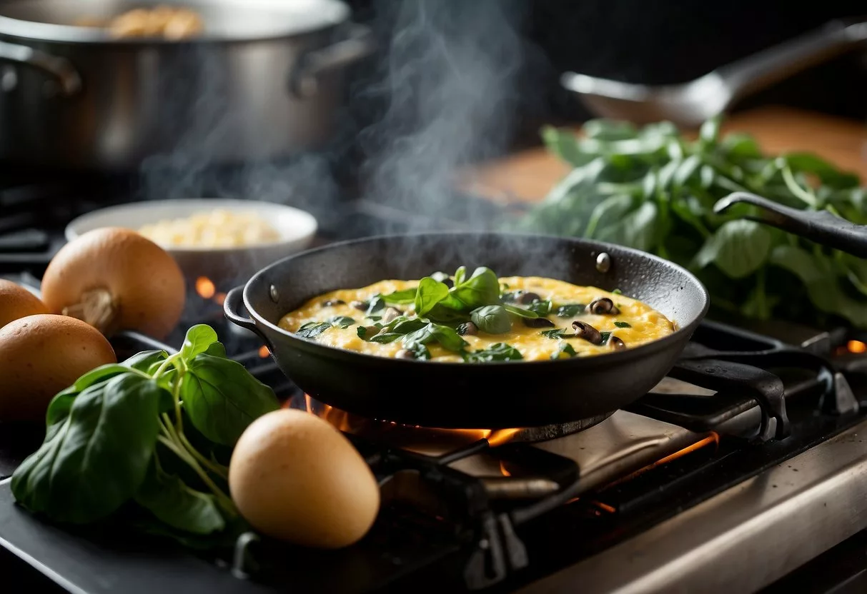 A sizzling omelette with mushrooms and spinach cooking in a non-stick pan on a stovetop. The steam rises as the ingredients are folded together, creating a delicious and healthy meal for those with insulin resistance