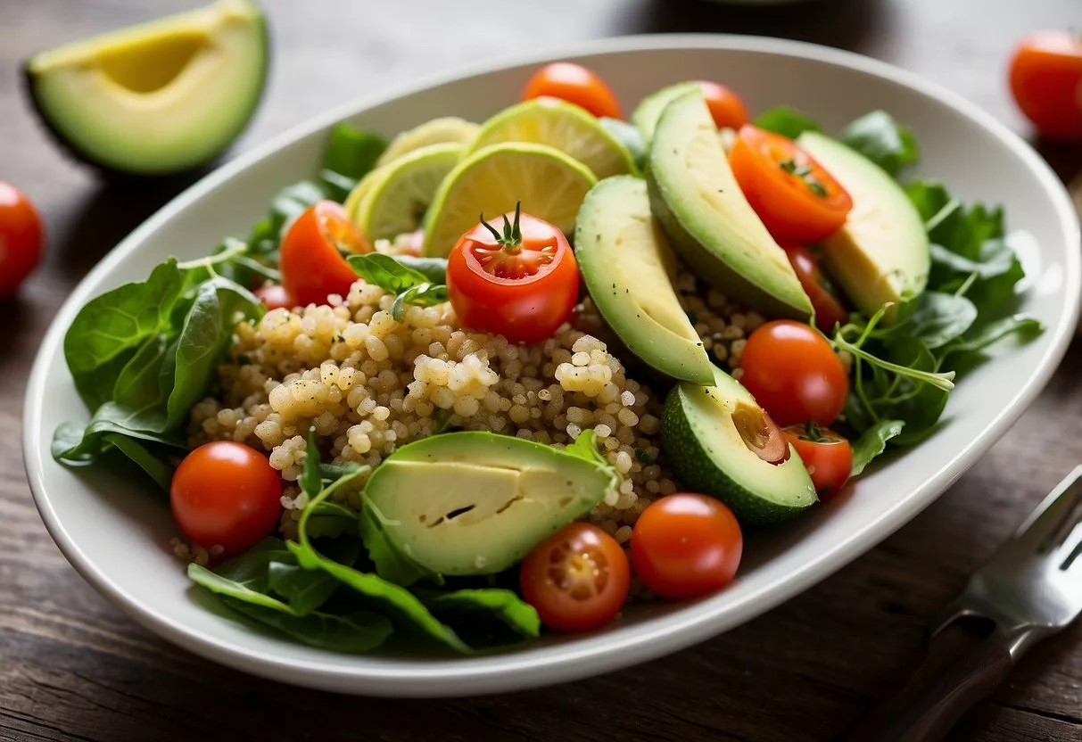 A colorful bowl of quinoa salad with sliced avocado, cherry tomatoes, and mixed greens, surrounded by a variety of other insulin-friendly dinner options