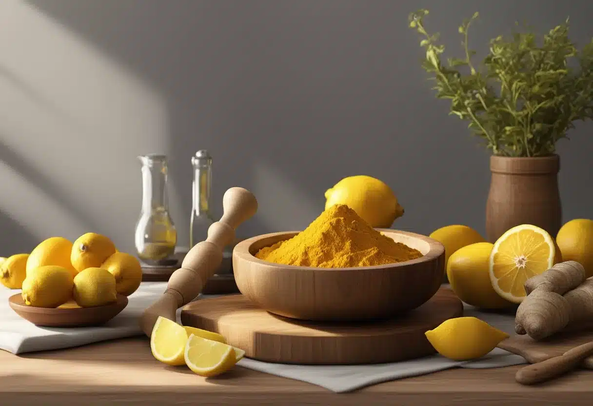 A table with fresh turmeric root, ginger, lemons, and honey. A mortar and pestle, a cutting board, and a knife lay nearby