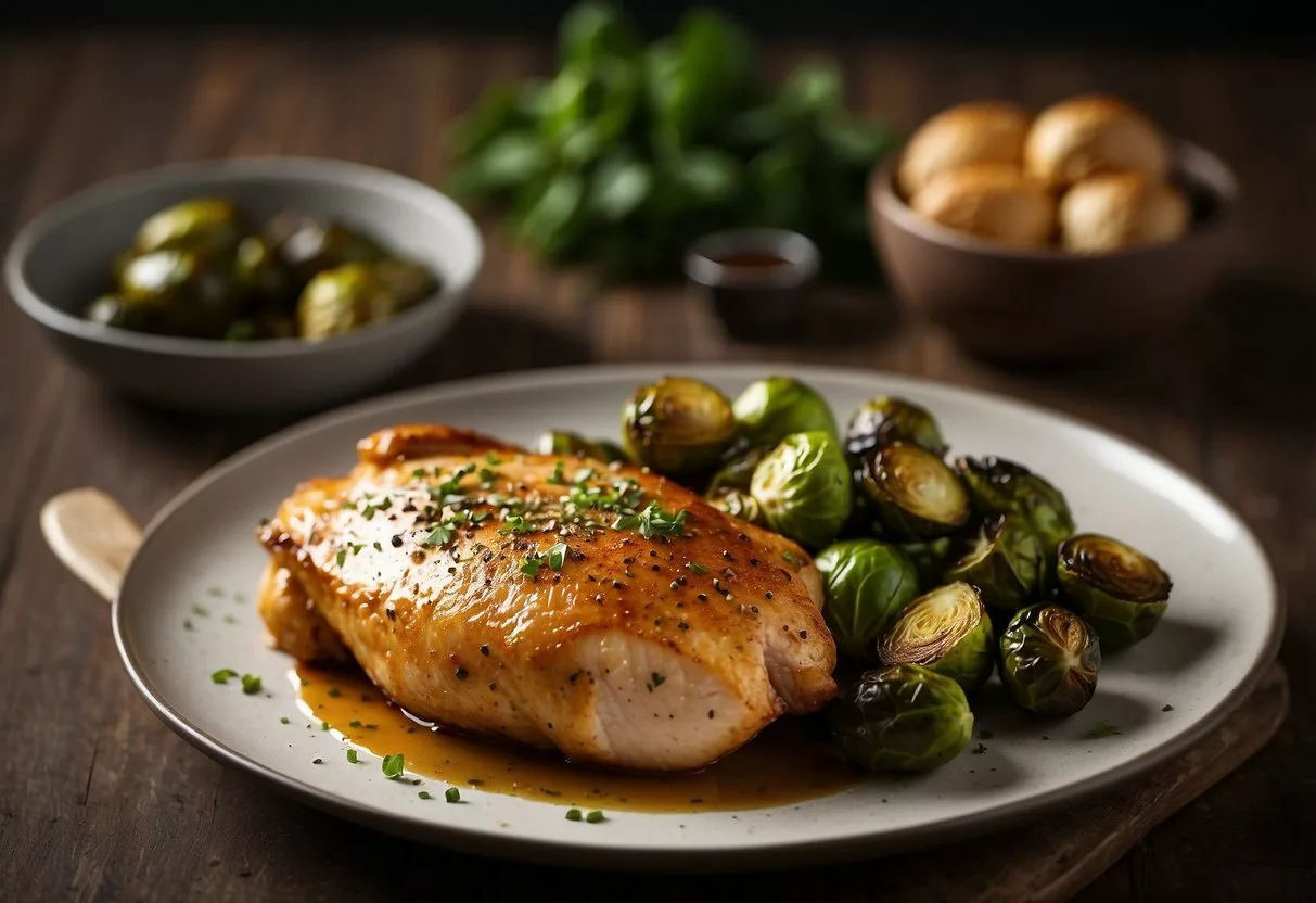 A golden-brown baked chicken breast sits on a plate surrounded by roasted Brussels sprouts and a sprinkle of herbs