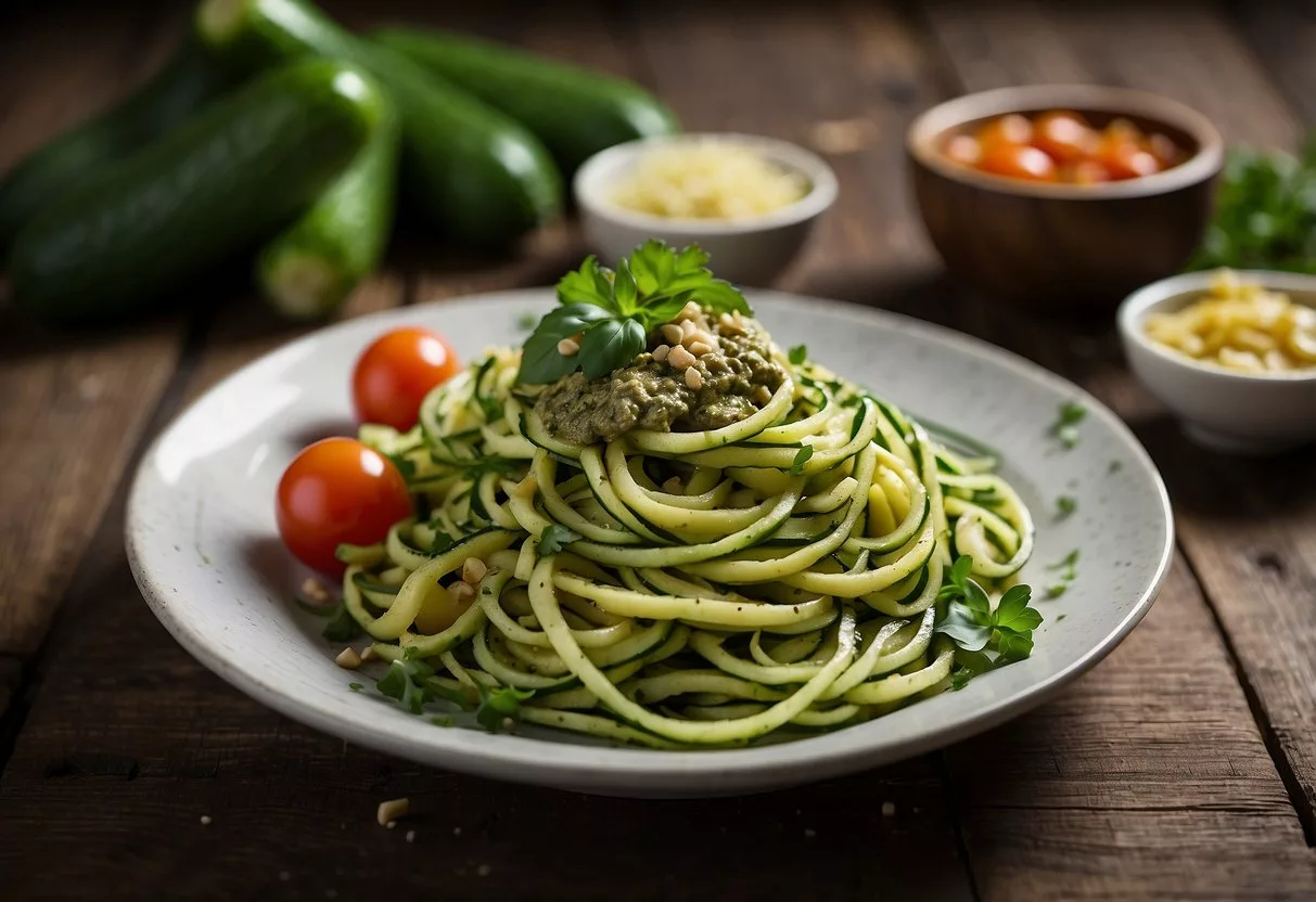 A plate of zucchini noodles topped with pesto, surrounded by colorful vegetables and herbs, set on a rustic wooden table