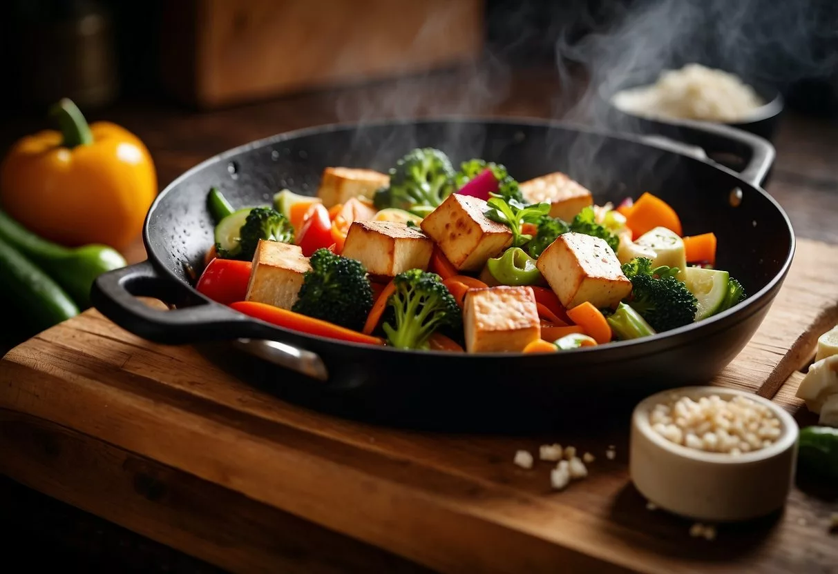 A sizzling pan of stir-fried tofu and colorful vegetables, emitting aromatic steam, sits on a wooden table surrounded by vibrant ingredients