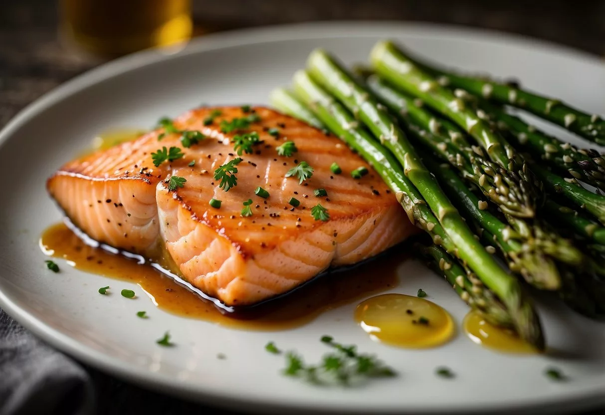 A sizzling salmon fillet sits atop a bed of vibrant green asparagus, lightly seasoned and grilled to perfection