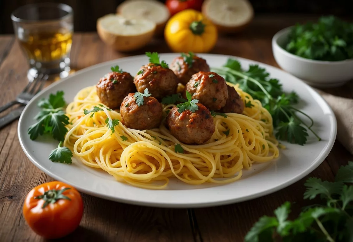 A plate of turkey meatballs with spaghetti squash, surrounded by colorful vegetables and herbs, sits on a rustic wooden table