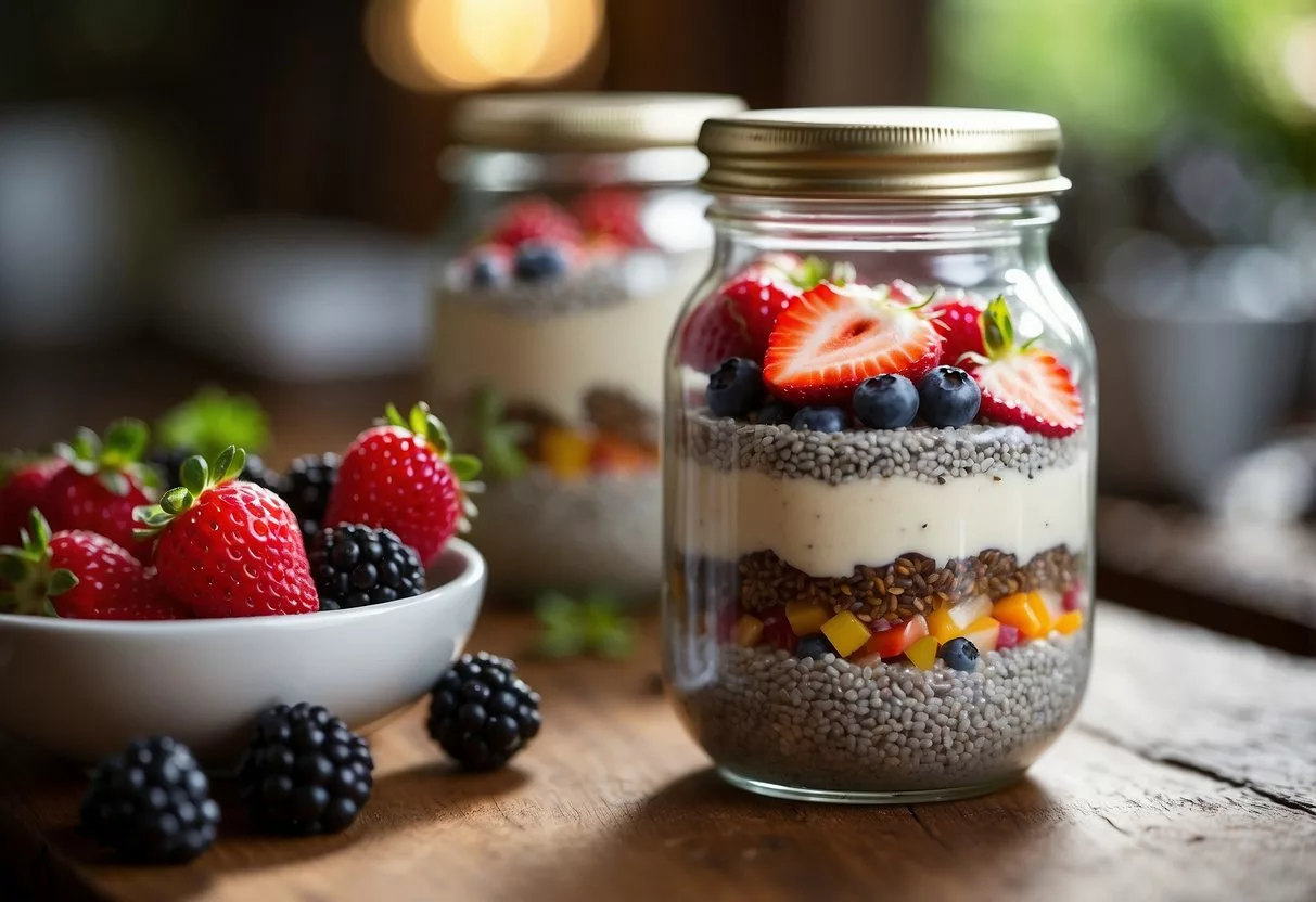 A glass jar filled with chia seed pudding topped with a colorful assortment of fresh berries, sitting on a wooden table