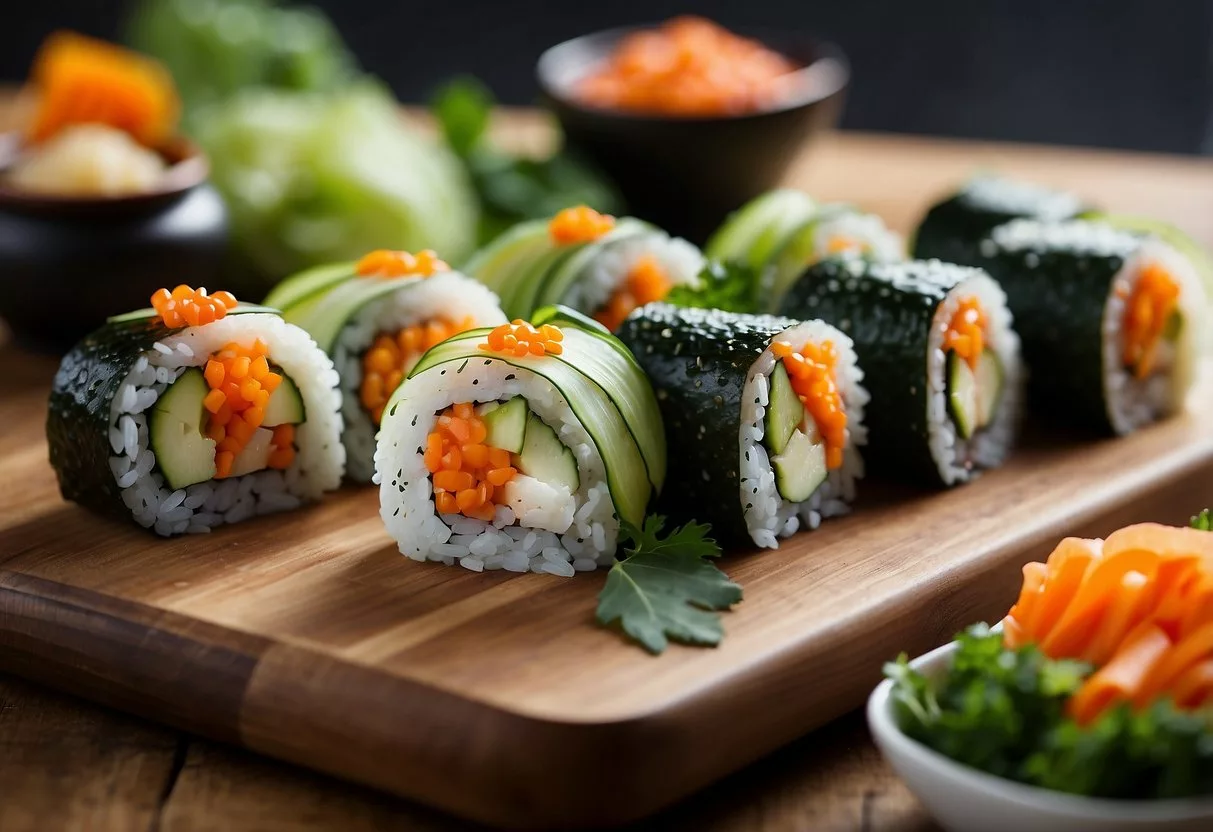 A plate of colorful cauliflower rice sushi rolls arranged neatly on a wooden board, surrounded by various low-glycemic vegetables and herbs