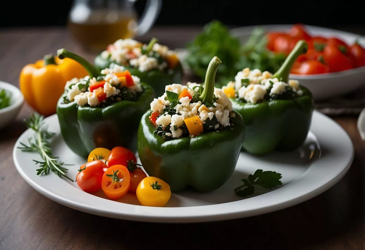 Spinach and feta stuffed peppers arranged on a serving platter with colorful side dishes and a garnish of fresh herbs