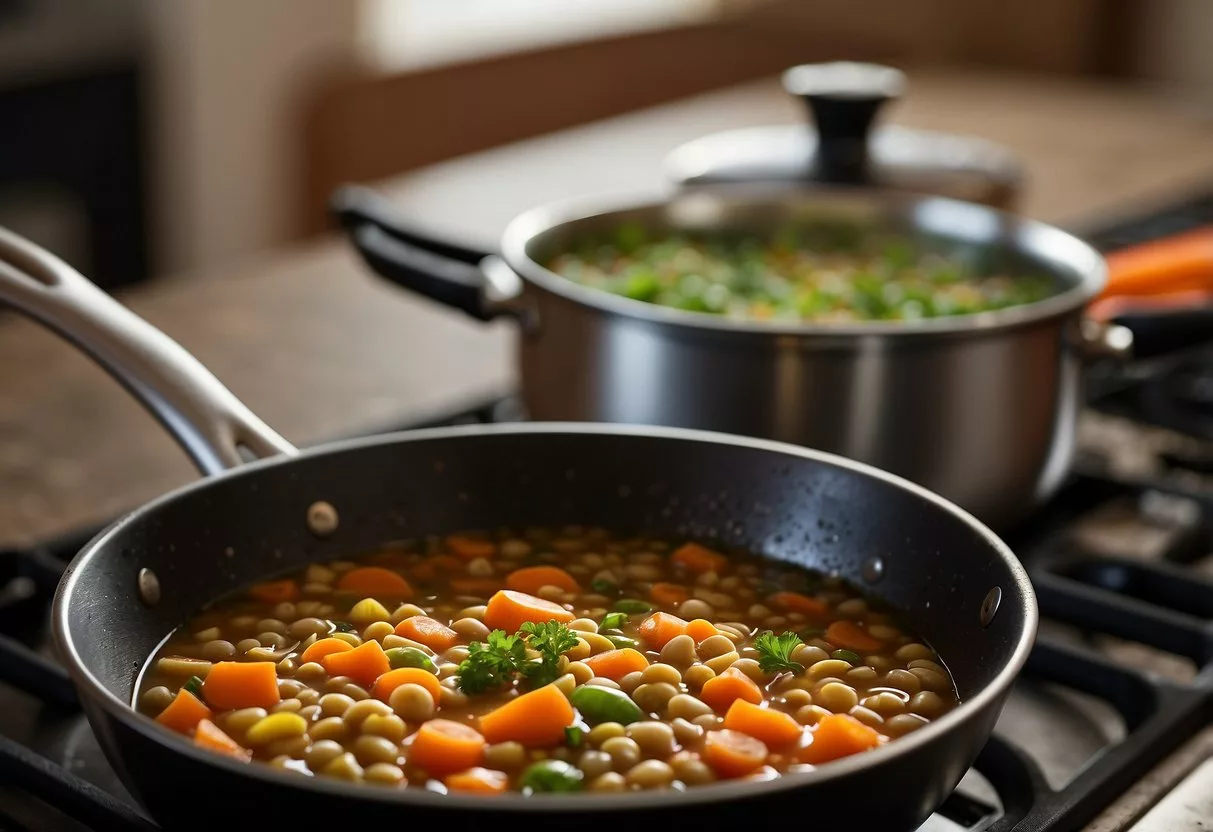 A pot of lentil and vegetable stew simmering on a stovetop, steam rising from the hearty mixture. Carrots, celery, and lentils visible in the thick broth