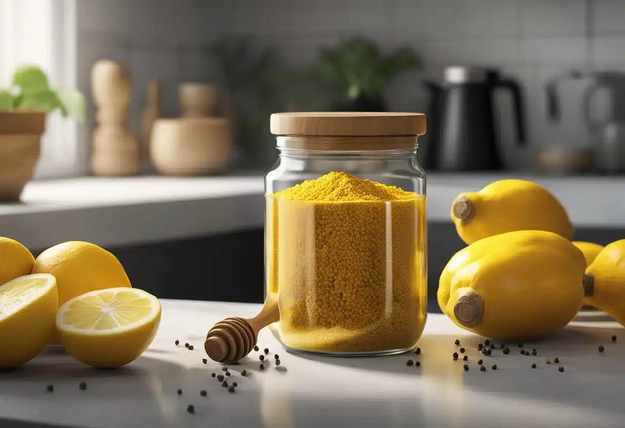 A vibrant yellow turmeric root and a sprinkle of black pepper sit on a clean kitchen counter, surrounded by fresh ginger, lemons, and a jar of honey