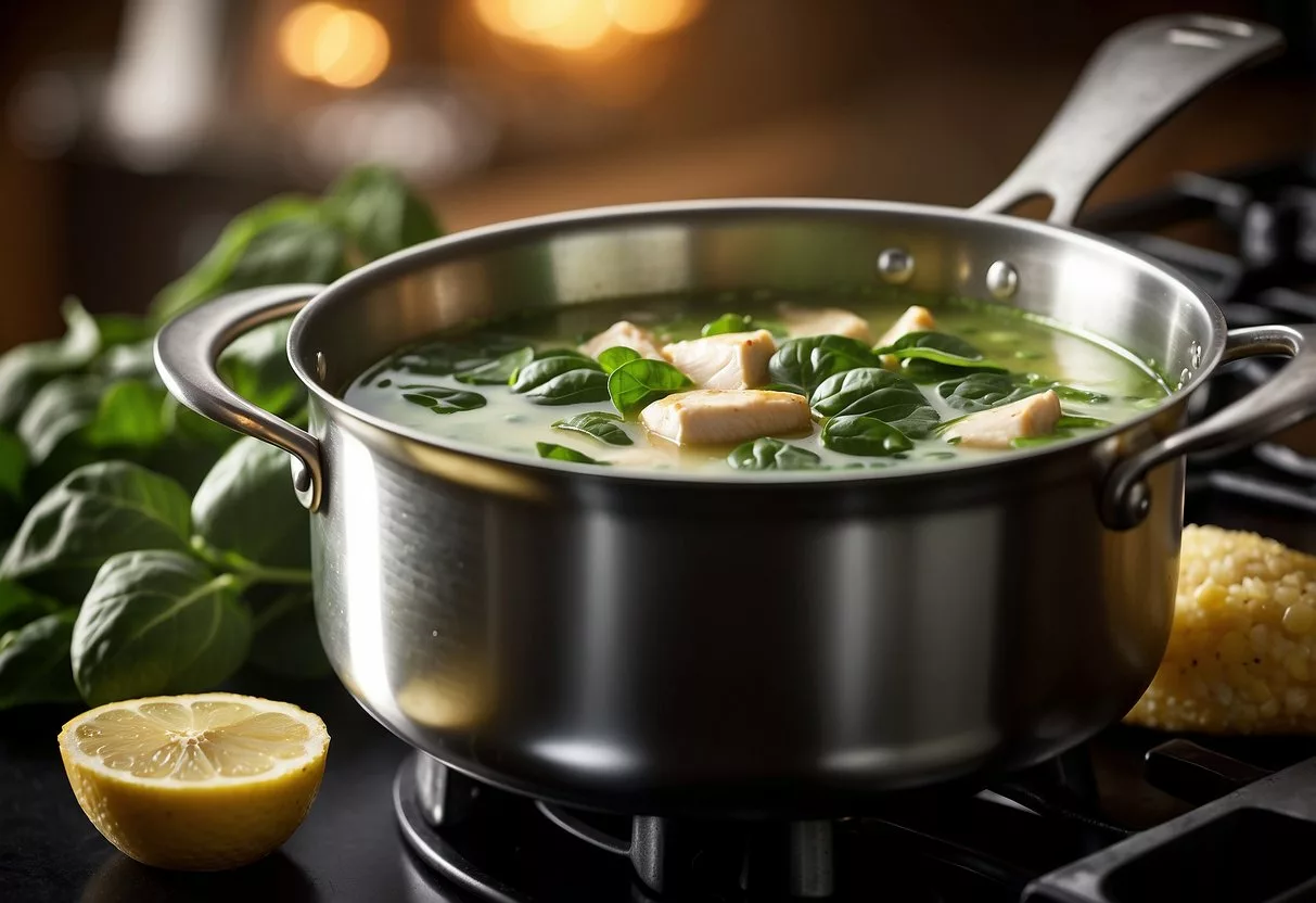 A pot of chicken and spinach soup simmering on a stovetop. Ingredients like chicken, spinach, and broth are visible. A ladle rests on the edge of the pot