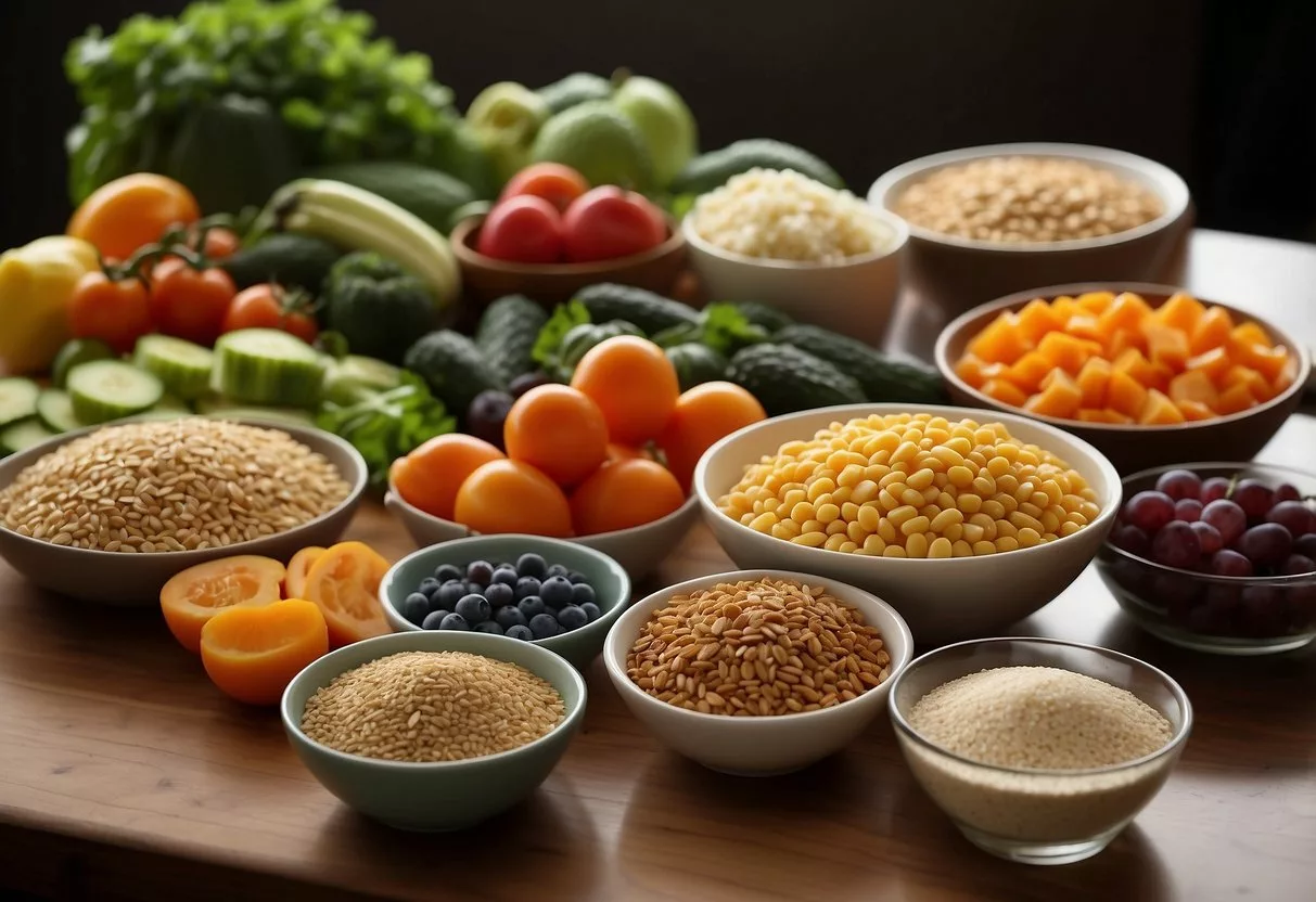 A table set with a variety of colorful, nutrient-dense foods, including lean proteins, non-starchy vegetables, and whole grains. A cookbook and measuring cups sit nearby, suggesting meal planning and portion control