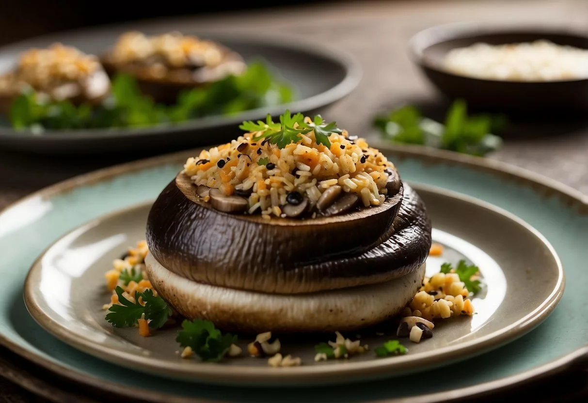 Portobello mushrooms stuffed with savory filling, arranged on a stylish dinner plate. A variety of colorful, low-glycemic side dishes complement the main course