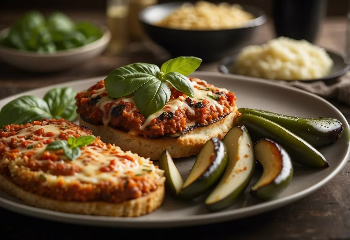 A table set with a colorful array of eggplant Parmesan and vegetable dishes, with a focus on low-carb and high-fiber options