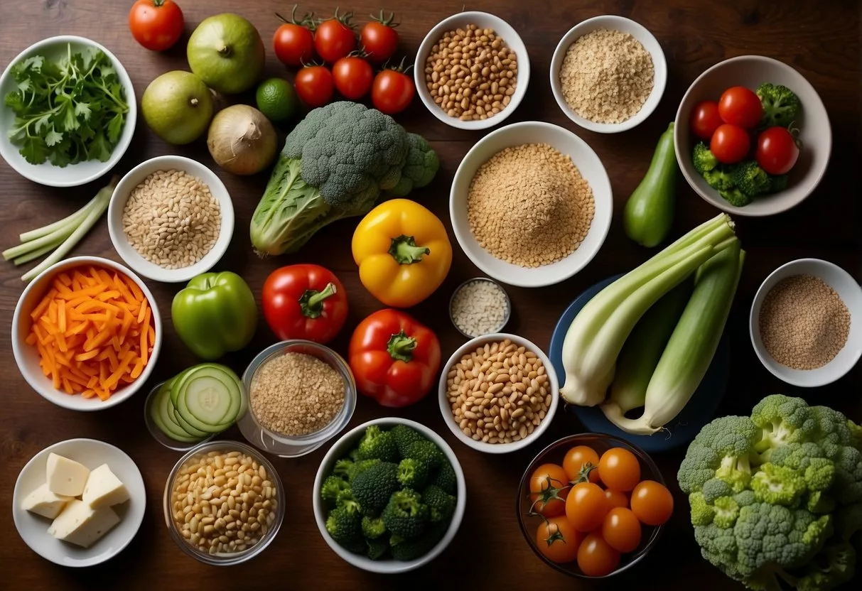 A colorful array of fresh vegetables, lean proteins, and whole grains arranged on a dinner table, with a variety of healthy and delicious meal options for people with insulin resistance